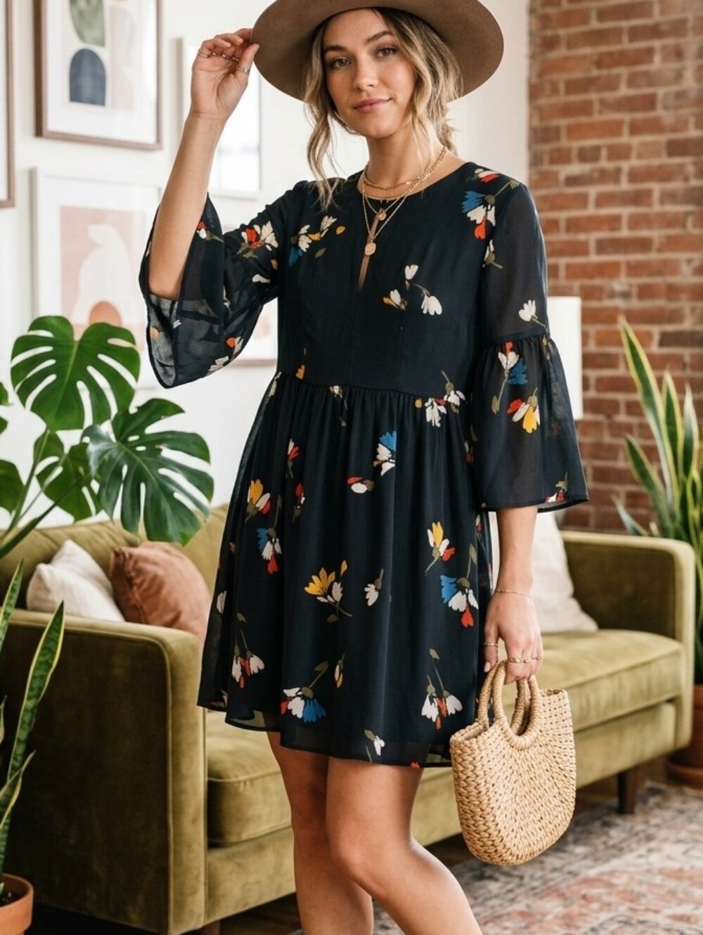 Joie Floral Silk Mini Dress Keyhole Bell Sleeve Black XS